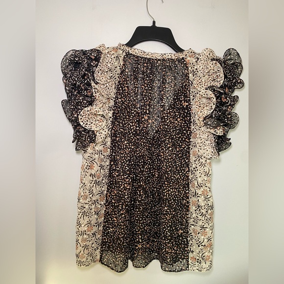 Ulla Johnson Silk Sheer Ruffle Sleeve Black and White Blouse Size 6 - Picture 6 of 10